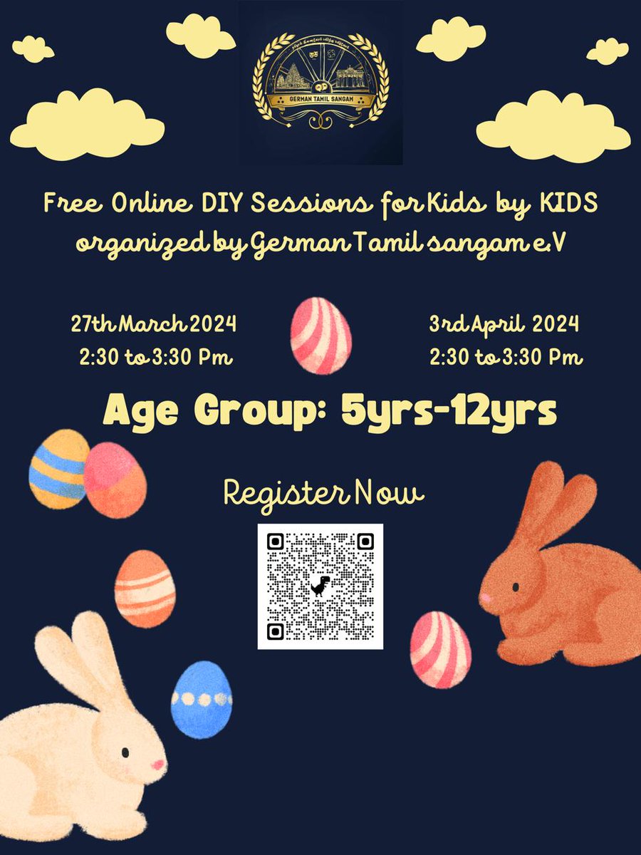 🎨✨Calling all young creators! 🌟Get ready for an egg-citing DIY adventure this Easter break with GTS! 🐣 Join us for not one, but TWO super fun sessions where kids take the lead and creativity knows no bounds! 🚀It's FREE! Register now: url.tamilsangam.de/6aK 🌈✨