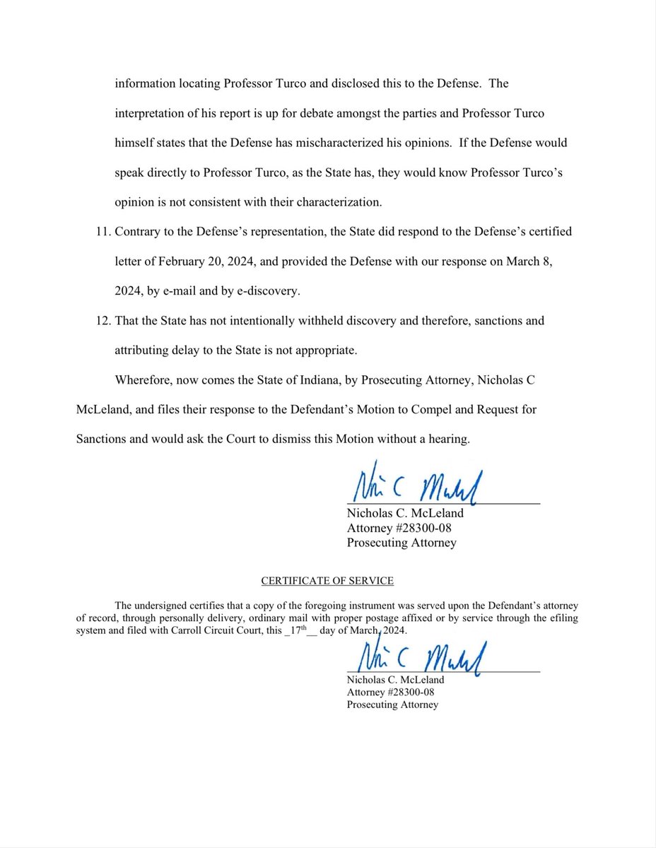 SleuthieGoosie's tweet photo. Nick’s response to the motion to compel & request for sanctions.
Took a year & a half to discover & finally turn over to the defense the interviews of Mike Patty, Becky Patty, Daniel Pearson & Ron Logan from 2017.
Nick thinks he’s not required to hand over every lead & inquiry from the 6 year investigation.
News flash : he is.
Nick thinks much of the info not turned over isn’t relevant to the case.
News flash : he has no earthly idea what’s relevant to the case & the defenses theory of the case that’s why it needs to be turned over.
Wasn’t this guy a defense attorney before he was a prosecutor? He’s gotta know all this!
#RichardAllen