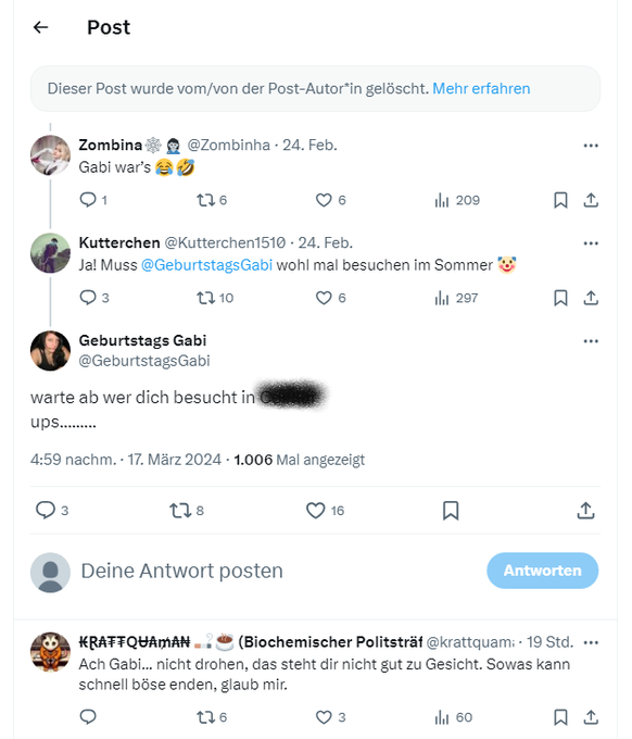 Aktion, Dokumentation, Aufklärung, Recherche (@againsthate2024) on Twitter photo Weitere "Bedrohungen und Tatankündigungen" aus dem #Hater-Bereich gegen
<a href="/GeburtstagsGabi/">Geburtstags Gabi</a>
? Bitte die Accounts und Tweets durchmelden. Weitere "Bedrohungen und Tatankündigungen" aus dem #Hater-Bereich gegen
<a href="/GeburtstagsGabi/">Geburtstags Gabi</a>
? Bitte die Accounts und Tweets durchmelden.