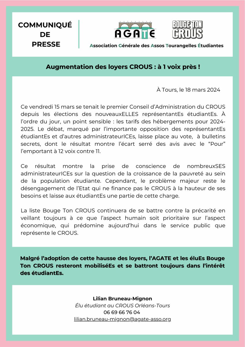 #Communiqué | Ce vendredi 15 mars, la hausse des tarifs d'hébergement en résidence CROUS a été voté à 1 voix près.

La liste Bouge Ton Crous a évidemment voté contre cette hausse et appelle l'Etat à s'engager pour ne précariser les étudiantEs davantage.