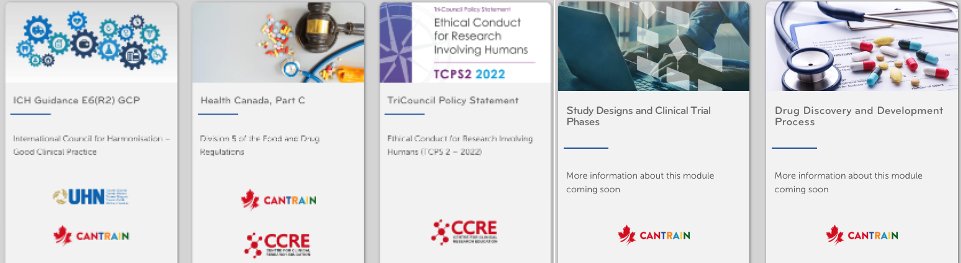 CANTRAIN released 5 courses of its #CTTP : 3 regulatory compliance courses and first 2 of 11 courses of the common core foundation accessible via the LMS, open to learners who have registered from partnering organizations.
Visit: bit.ly/4cjneuo
#CTTP #ClinicalTrials