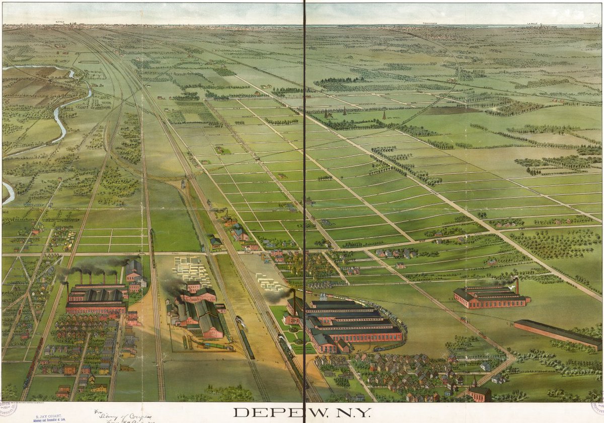 Expansive green fields and open tracts of land characterize this 1898 birds-eye-view of Depew, New York, a suburb of Buffalo. Take a closer look here: loc.gov/item/81694085/…