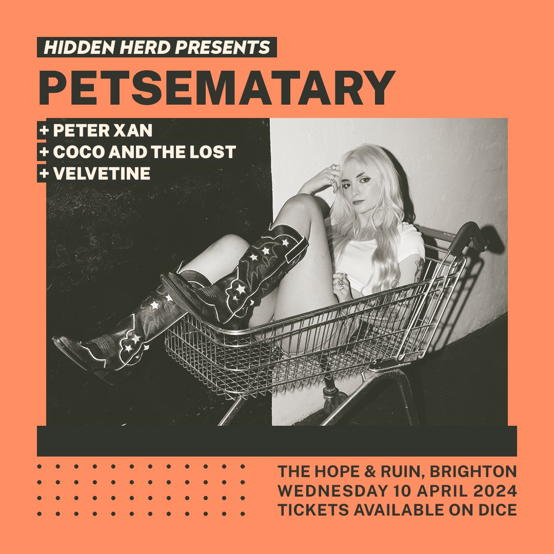 Ethereal noir-pop artist @pets3matary will play @thehopeandruin with @peterxan__ @coco_lost and @velvetineband 🔥 Signed to @bethshalomrecs and backed by @BBCR1 and @BBC6Music, don’t miss the @wehavesnakeeyes bassist on 10th April. Get tickets on DICE ➡️ linktr.ee/hiddenherd