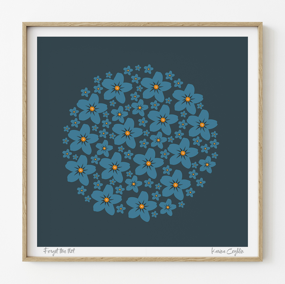 These #flowers started as pale blue forget-me-nots. I then decided I preferred a bolder colour, so now they're bold flowers, with a pop of #orange glowing brightly from their centre. I love the sentiment of the words: 'Forget Me Not', so I'm keeping the name for this print :)