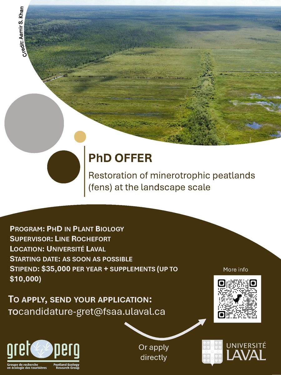 🌿 PhD Offers in Peatland Ecology / Restoration 🌿 The Peatland Ecology Research Group (PERG) is looking for two motivated students for exciting PhD projects! To apply and for more info: gret-perg.ulaval.ca/en/join-our-te… #PeatTwitter #peatlands #restoration @universitelaval