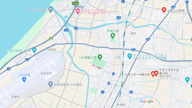 「小松空港←駅→イオン小松(旧ジャスコ)イオンモール新小松、参戦!みたいな構図だ 」|しーさいどのイラスト