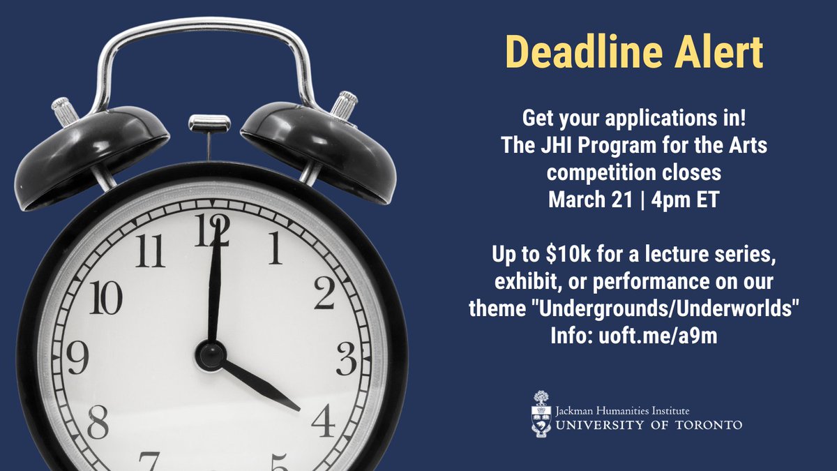 📣 Calling @uoft faculty! If you have an idea for a lecture series, exhibit, or performance and need some funding, apply to the JHI Program for the Arts. Our theme next year is 'Undergrounds/Underworlds'. Deadline March 2 Info + application link 👇 uoft.me/a9m