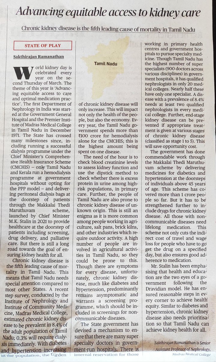 'Tamil Nadu govt. spends ₹100 CR+ EVERY YEAR, for hemodialysis of Chronic Kidney Disease (CKD) patients, under CM's #HealthInsurance Scheme. (CMHIS). TN has highest no. of super specialists Dr's in Govt. #hospitals -900. CKD's Prevalence in TN is 8.4%, which requires atleast 2…