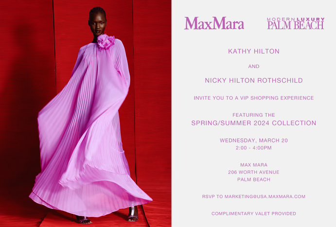 Hi Palm Beach! 🏝️ Join @KathyHilton & I for an afternoon of shopping @maxmara on Worth Avenue on March 20th.