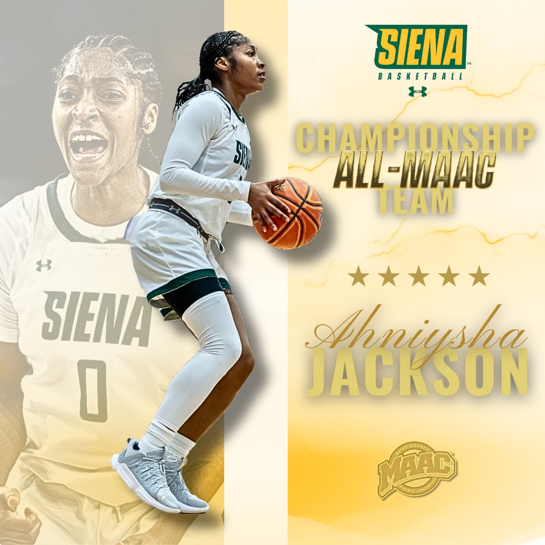 🏅 Clutch in the postseason 😤 After averaging 2️⃣3️⃣ points in two games at #maAChoops24 last week, @ahniysha was named to the MAAC All-Championship team! 👏 👏 #MarchOn x #SienaSaints x #Family