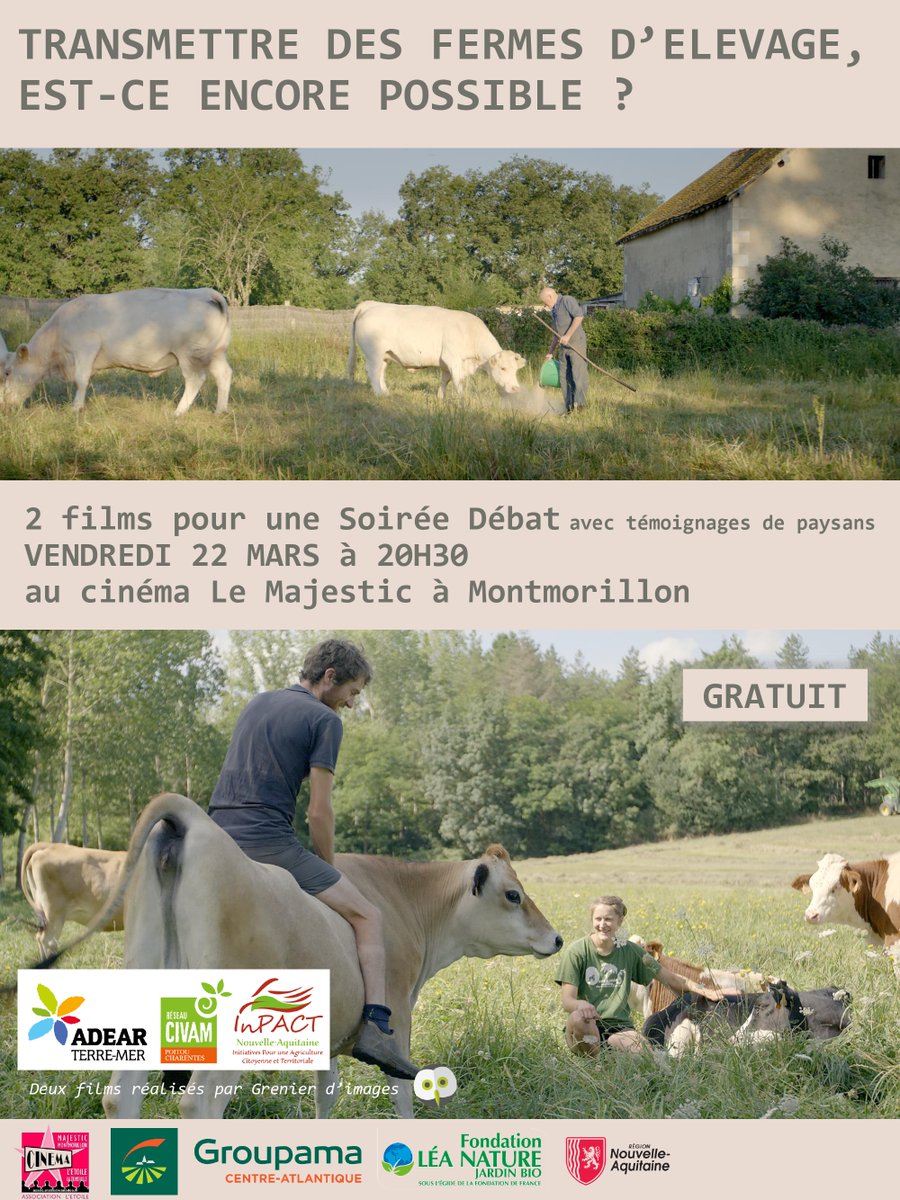 InPACT_NA's tweet image. [EVENEMENT] Que faites-vous vendredi soir 😎
En partenariat avec l'Adear Terre et Mer et le Civam86, nous vous proposons vendredi 22 mars une soirée ciné débat à #montmorillon pour parler transmission, élevage, et modèle agricole ! 👉 inpactna.org/toutes-les-act…