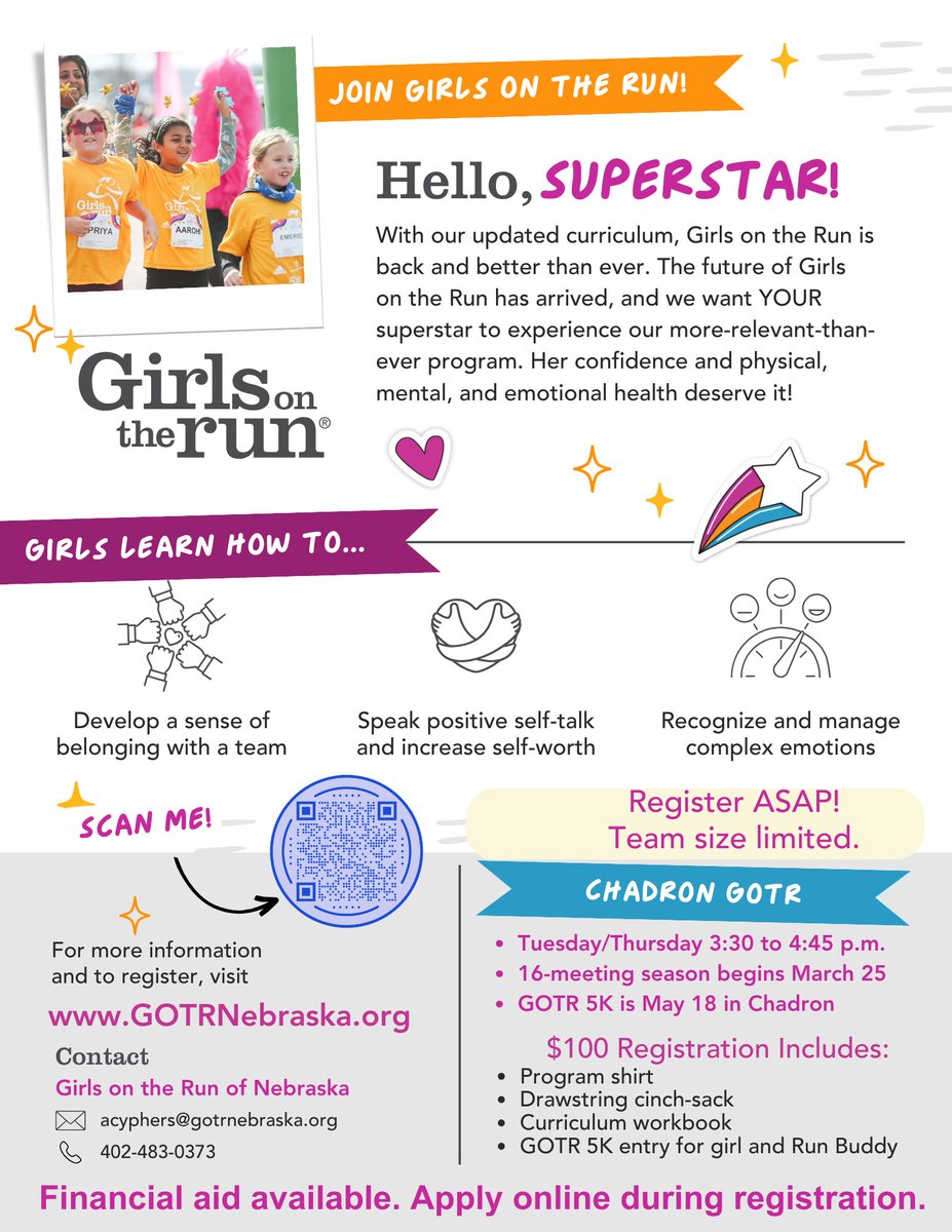 It's that time of year for Girl's on the Run. Registration information is on the attached flyer.