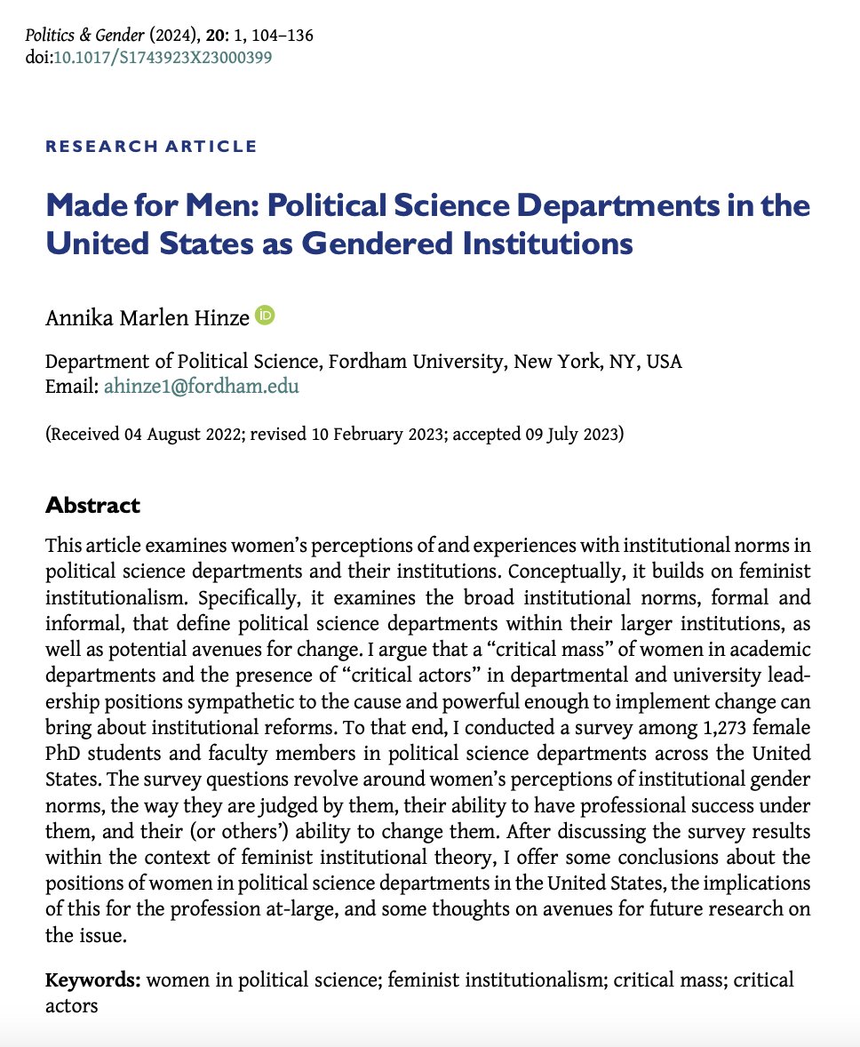 📢New issue of #PAG20 is out📢 In 'Made for Men' Annika Hinze surveys female PhD students and faculty in 🇺🇸 Poli Sci departments about the institutional gender norms they encounter and argues for the importance of critical actors in changing those norms. cambridge.org/core/journals/…