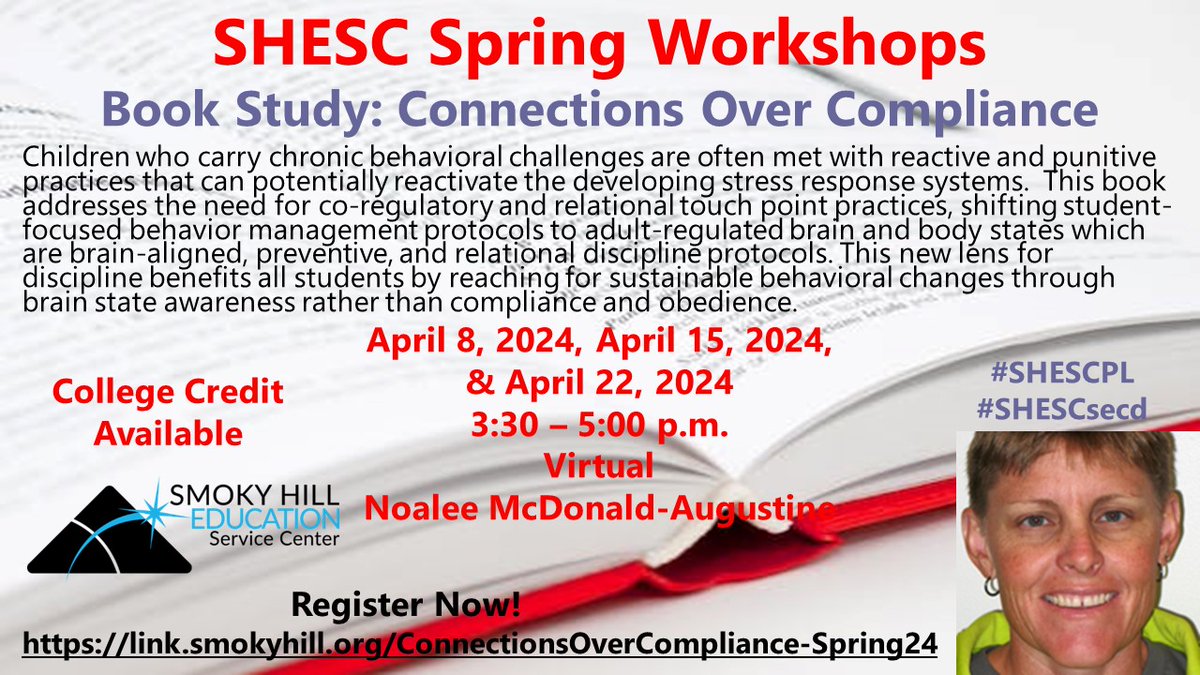 nmcdonaldSHESC's tweet photo. "Connections Over Compliance" addresses the need for brain state awareness, not compliance and obedience. Learn to use co-regulatory practices and relational discipline protocols. Grab a comfy chair and join us. Enroll https://t.co/mBIpDRKlPP…. #SHESCPL #SHESCsecd
@SmokyHillEDU https://t.co/NppFFQPMmG