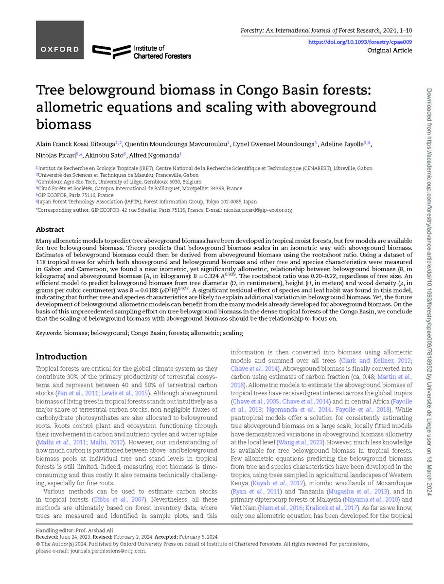 New original article in Forestry : An International J. of For. Res.: Kossi Ditsouga A. F. & al. (2024) : Tree belowground biomass in Congo Basin forests : allometric equations and scaling with aboveground biomass. more info: hdl.handle.net/2268/314397 @AgroBioTech @UniversiteLiege