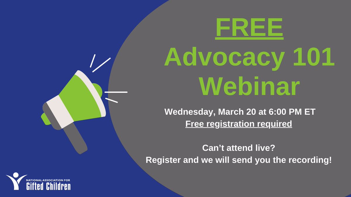 Interested in advocacy but don't know where to start? Register for a FREE Advocacy 101 webinar on 3/20 at 6pm ET! We'll run through the basics of being an advocate for #gifted children & start you on your advocacy journey. #gifteded FREE Registration 👉 buff.ly/3PqmMAO