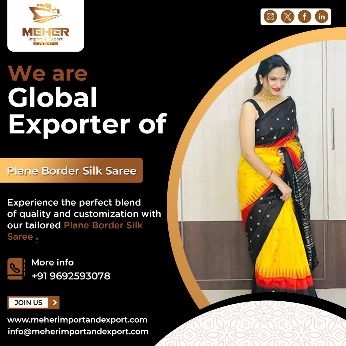 Meherexport's tweet photo. We Are Global Exporter Of Plane Border Silk Saree.
Contact Us:
+91 9692593078
info@meherimportandexport.com
Visit Our Website: 
https://t.co/PXRdfiwEQ7
#meherexport #export #exportbusiness #exportimport 
#tradeindia https://t.co/SOX7Hq6mwY