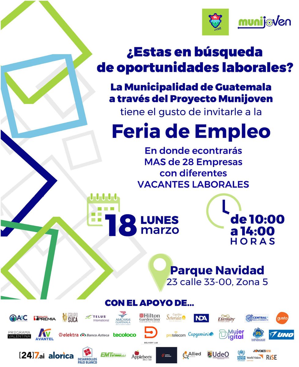 ¡Esta es tu oportunidad laboral!
Ven a la #FeriaDeEmpleo con más de 28 empresas con diferentes vacantes laborales. 👩‍🏫 👨‍💻 
Te esperamos hoy de 10:00 a 14:00 hrs 📍 en Parque Navidad (23 calle y 31 avenida, Zona 5).  
📝No olvides llevar tu CV actualizado 😉
#CiudadDeOportunidades