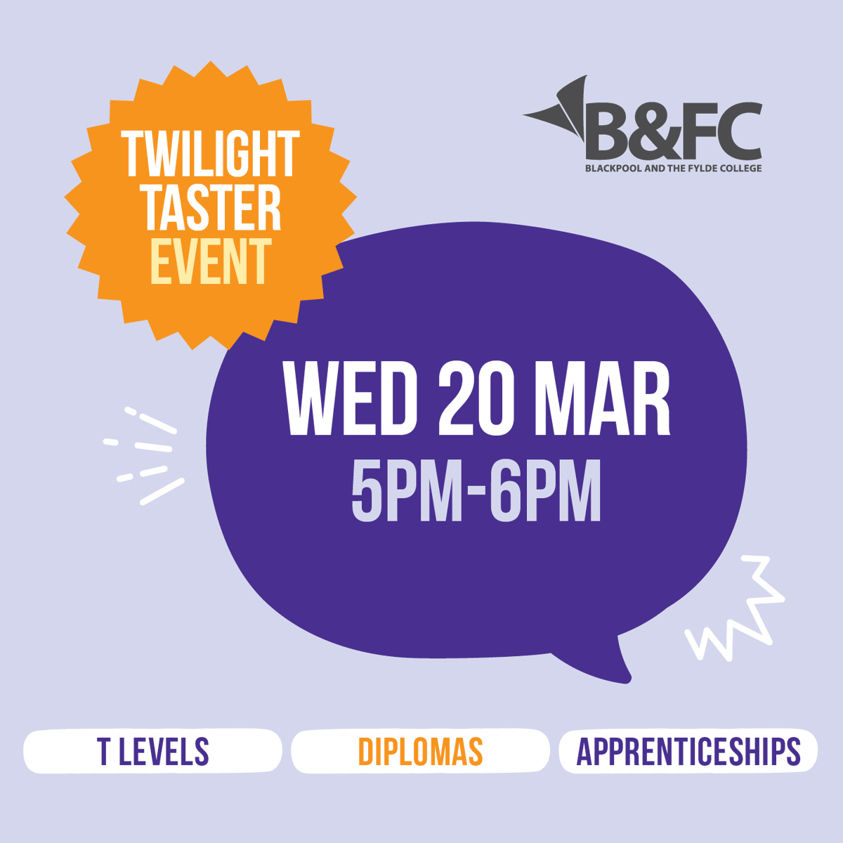 Our final Twilight Taster event of this academic year is THIS WEDNESDAY!

Spaces are still available on most of the subject tasters, so book your place now to avoid missing out ☑️

blackpool.ac.uk/events