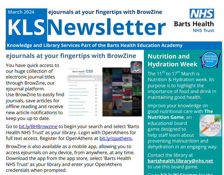 Read the latest @bartsNHSlibrary newsletter - ejournals at your fingertips with BrowZine. Learn how you can access our huge collection of journal titles. Click here➡️ bit.ly/KLSnewsletter #newsletter #BrowZine