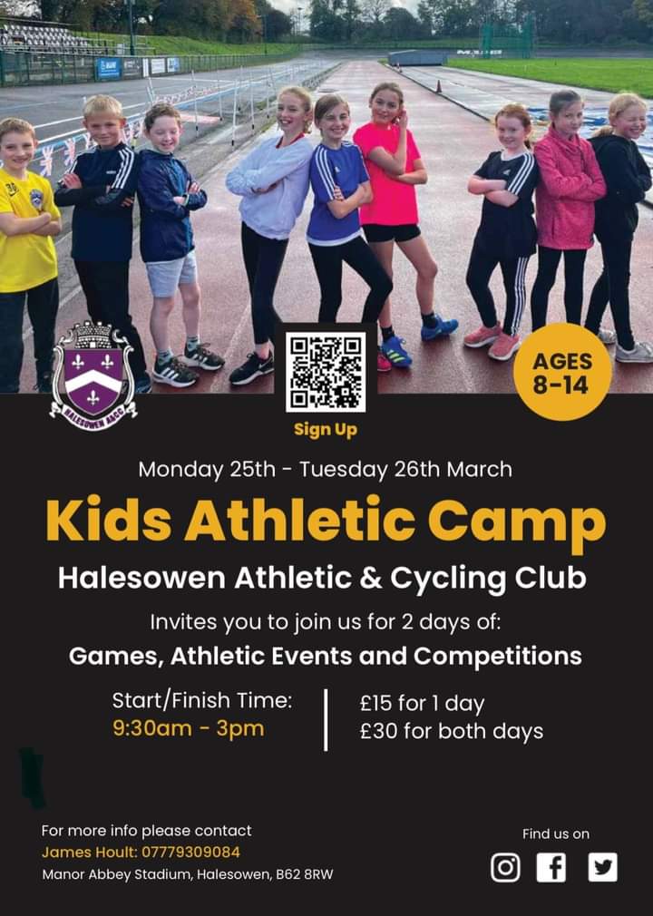 There's still plenty of time to register for our junior athletics camp. Members and Non members are welcome 🙌🏼 🗓️ Monday 25th - Tuesday 26th March ⏰ 9:30am - 3pm #halesowen #halesowenbid #halesowenevents #kidsrunning #birminghamrunning #kidsrunningclub #athleticclub #upOwen