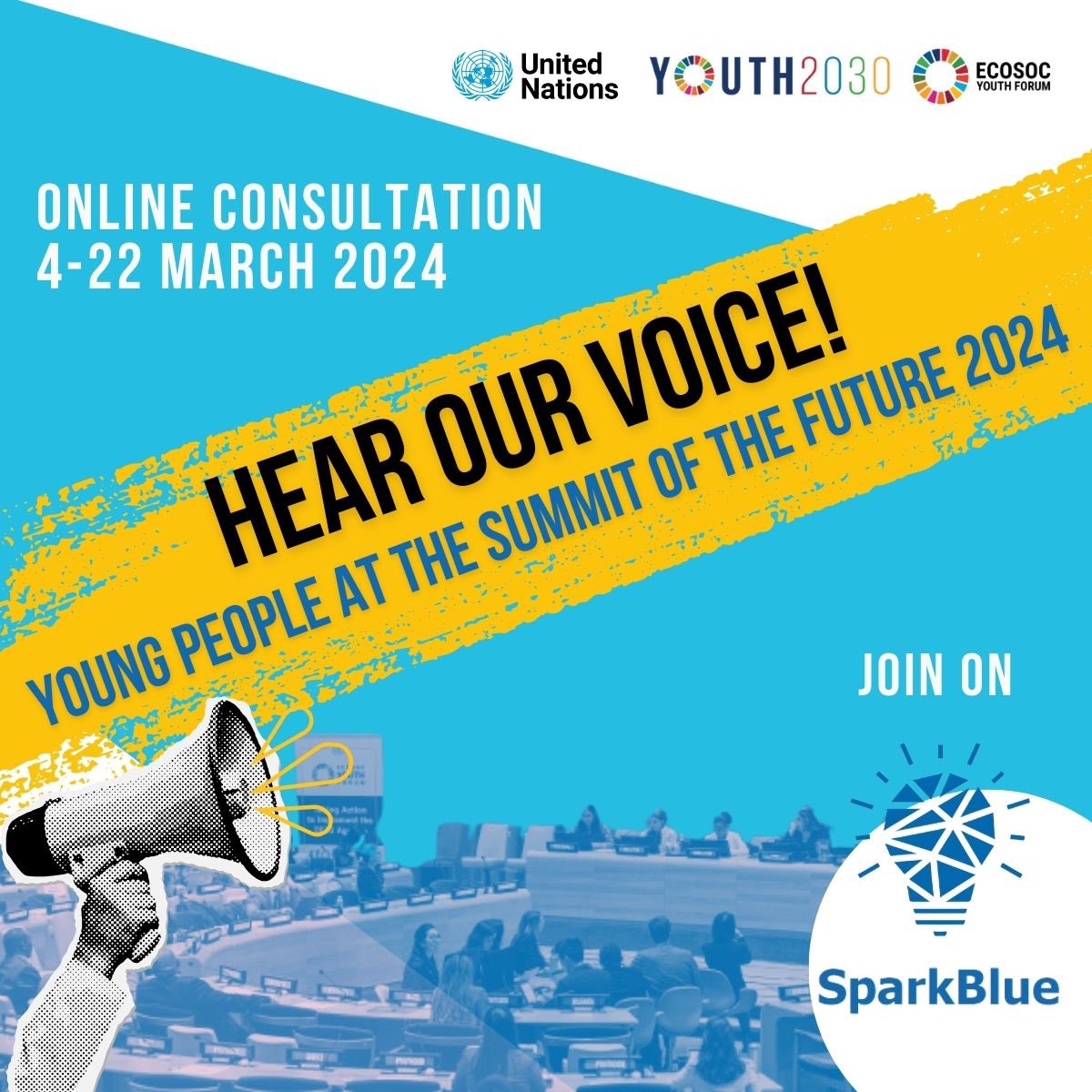 ‼️ This is the final week of the 3-week online 𝐲𝐨𝐮𝐭𝐡 𝐜𝐨𝐧𝐬𝐮𝐥𝐭𝐚𝐭𝐢𝐨𝐧 ahead of ECOSOC #youth2030 forum and the Summit of the Future 🌍. 📢 You can contribute from anywhere in the world & share your inputs, innovative ideas, hopes and actions: sparkblue.org/hear-our-voice