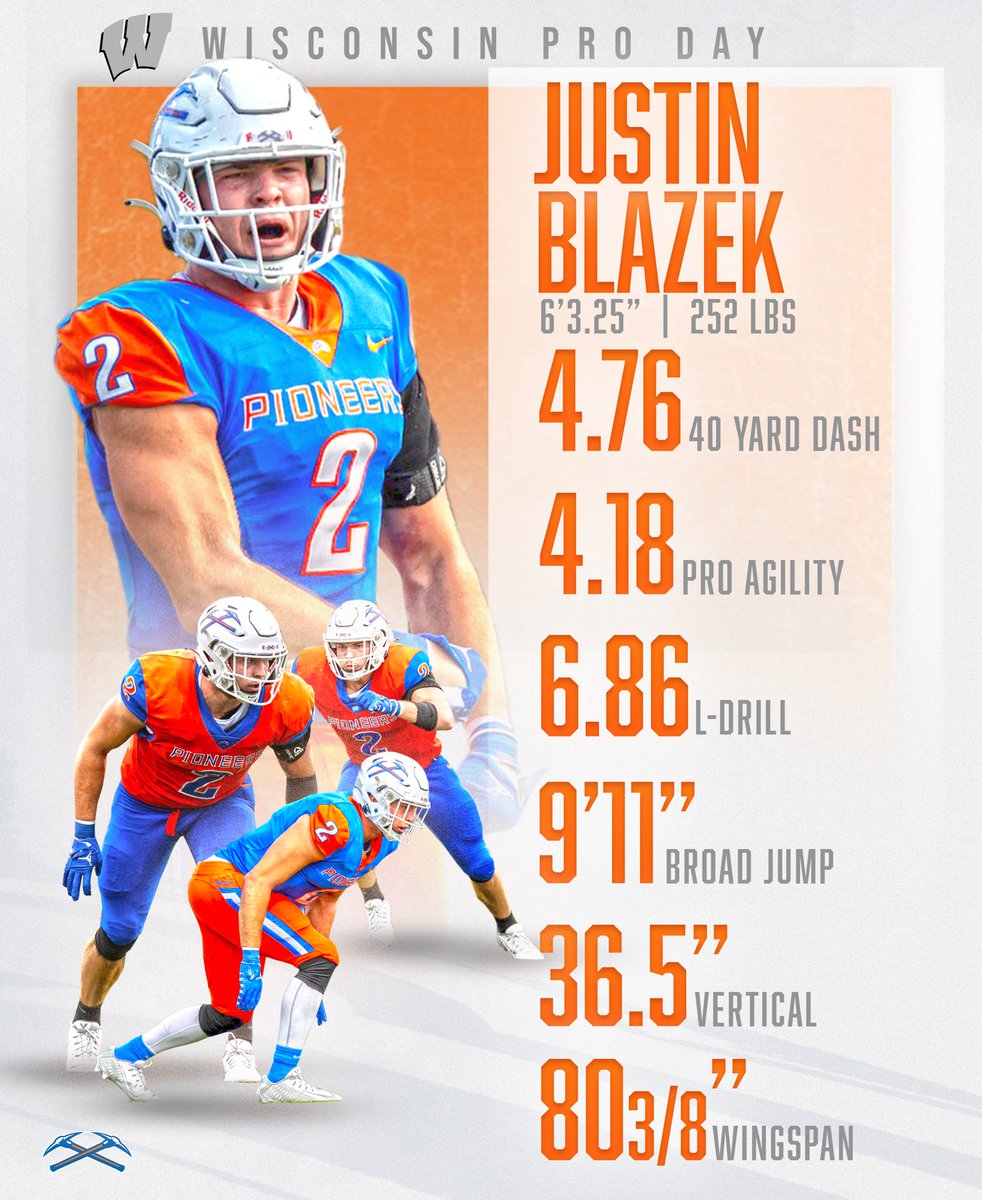 Official Pro Day numbers for former Defensive Linemen, Justin Blazek! ⛏️Blazek attended the Wisconsin Badger Pro Day this past weekend! #swingtheaxe