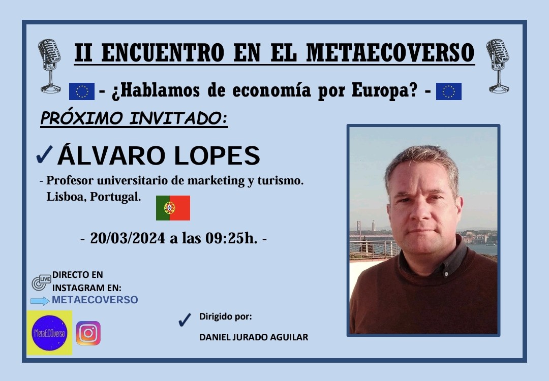 Metaecoversoedu's tweet image. Conectaremos con Portugal 🇵🇹, representado por Álvaro Lopes, profesor universitario de marketing y turismo en Lisboa
Hablaremos sobre la actualidad económica y social portuguesa.
¡Os esperamos en nuestro Instagram!

#metaecoverso #directo #portugal #economia #educacion #instagram