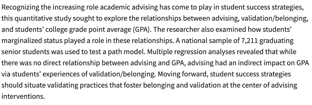 Today from 43(2) we highlight "Academic Advising’s Hidden Role in Fostering Validation/Belonging Leading to Improved Grades" by Dr. Erin L. DeRosa! #AcAdv
<a href="/NACADA/">NACADA</a>
Read it here: doi.org/10.12930/NACAD…