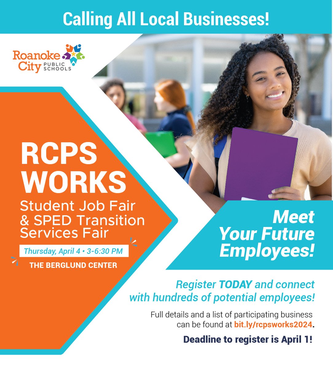 Today is the last day to register for RCPS Works Student Job Fair - April 4th from 3 - 6:30 p.m. Conduct on-site interviews & hire hardworking students for summer and beyond. Register now and connect with hundreds of potential employees! bit.ly/rcpsworks2024