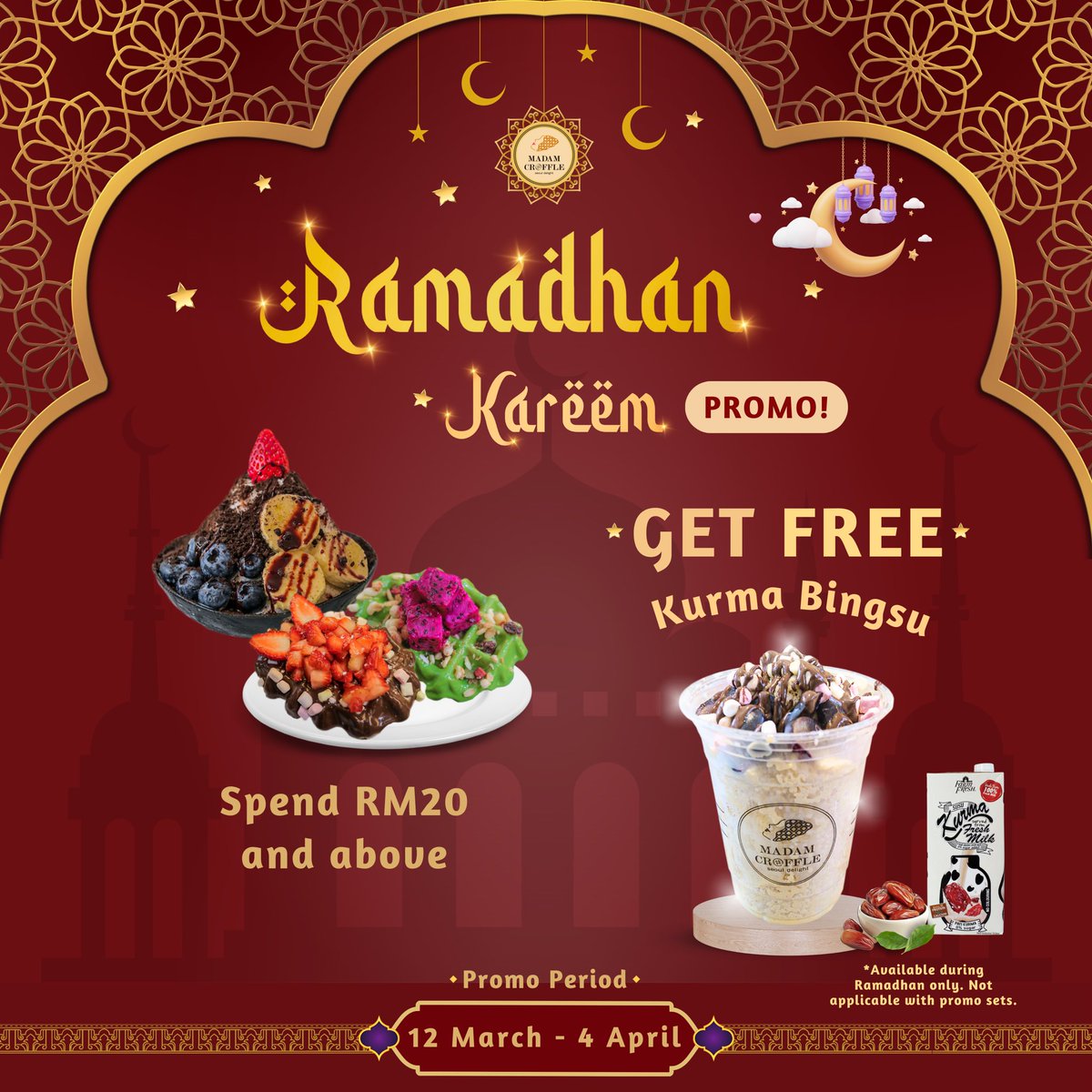 theiceraf's tweet photo. Fuhh dgr cerita Madam Croffle tgh ada promo Ramadan gais!! 🤩🤩 Korang just spend apa-apa menu RM20 ke atas &amp; terus dpt free Kurma Bingsu 🤤🤤 Rasa dia memang sedap, manis kurma dan milky. Promo start pada 12 Mac - 4 Apr. Jangan lupa claim gaiss 😋😋 https://t.co/VqMv70M3dL