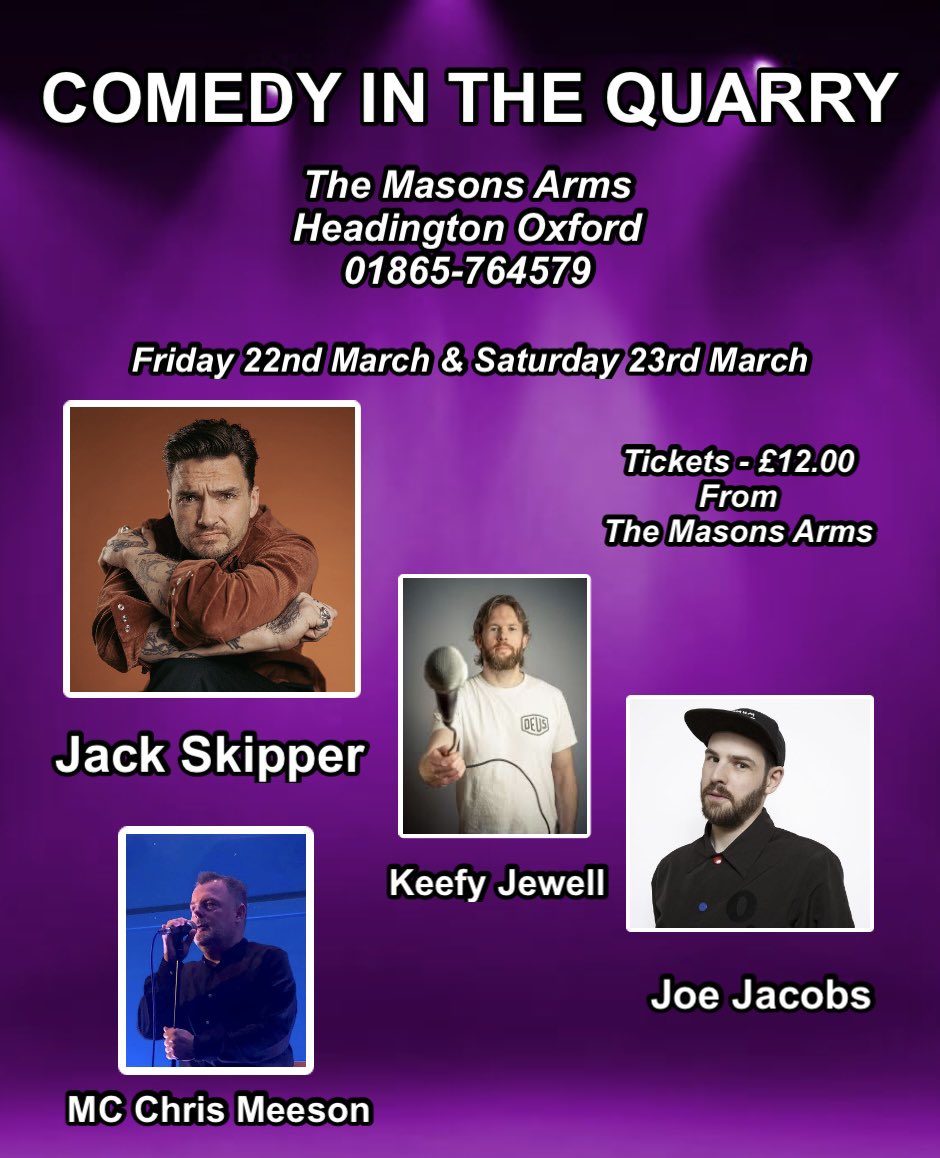We have a few tickets left for Saturday nights Comedy in the Quarry @TheMasonsArmsHQ #headington #oxford #oxfordcomedy #oxfordbrookes