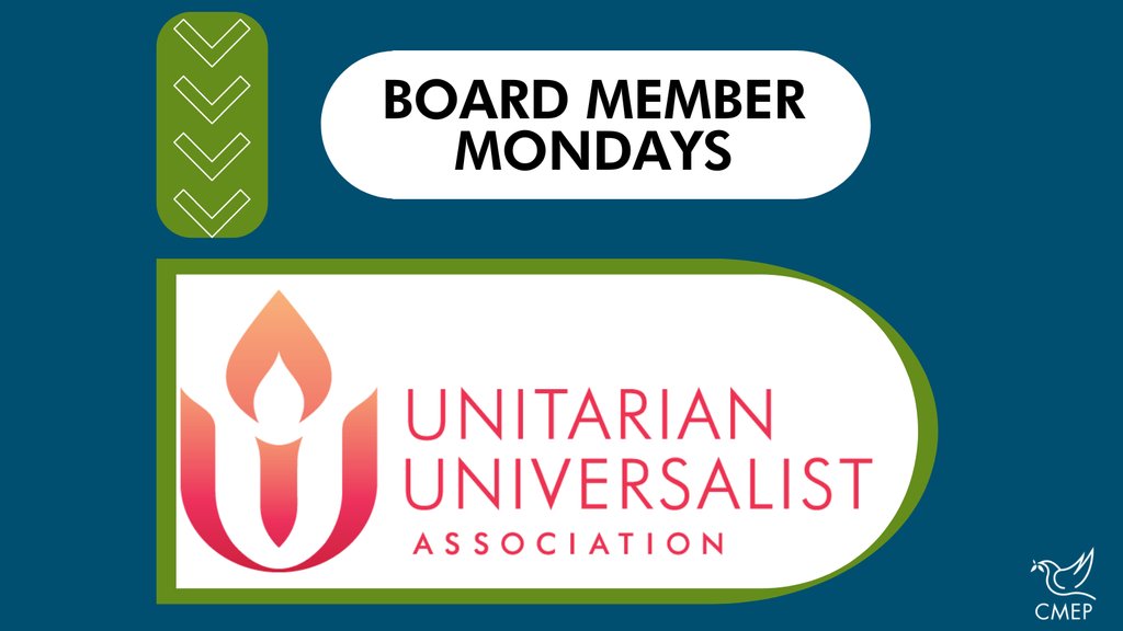 ChurchesforMEP's tweet image. #BoardMemberMondays are back! We are so thankful for the Unitarian Universalist Association and their support. You can learn more about this organization and their call for a ceasefire: l8r.it/QHOR

All our board members: l8r.it/ZnCQ

#UUA  @uua