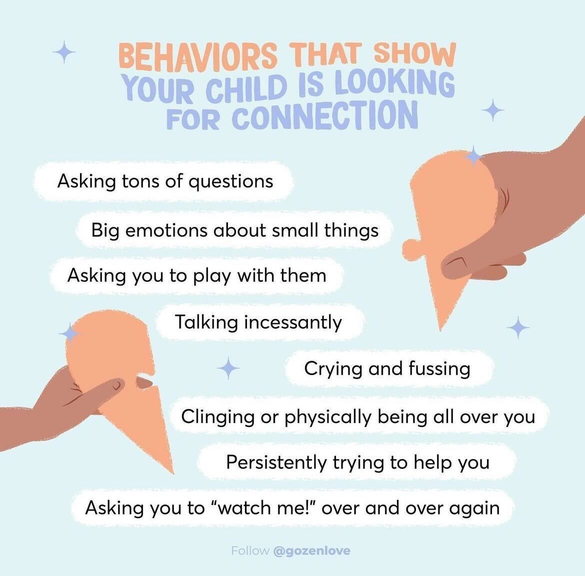 One of the biggest overlooked needs for children is connection and there are certain behaviours that they exhibit that may show that they are looking for connection. 💫 Here are some examples of connection-seeking behaviours by GoZen.