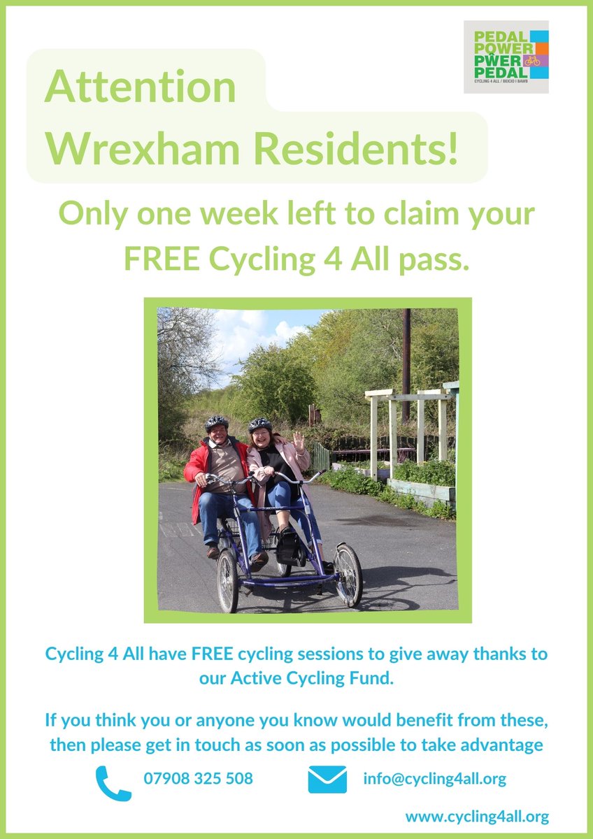 PedalPowerWxm's tweet photo. Attention Wrexham Residents! Only 1 week left to claim your FREE Cycling 4 All pass thanks to our Active Cycling Fund. If you think you or anyone you know would benefit from these, then please get in touch as soon as possible π07908 325 508 π§ info@cycling4all.org #ActiveWrexham https://t.co/Lmh9oGr2TC