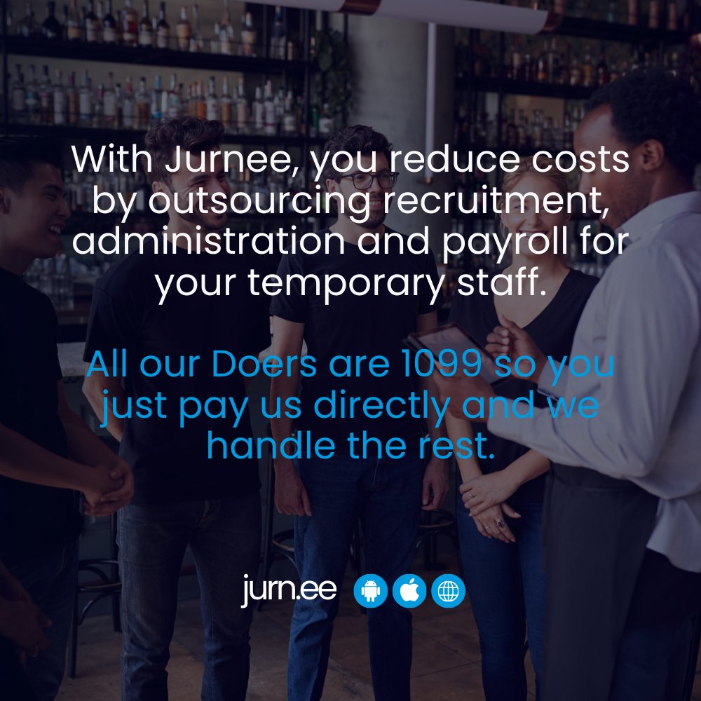 JurneeOfficial's tweet photo. Unlock efficiency with Jurnee! 

Outsource recruitment, administration, and payroll for your temporary staff, all hassle-free. 

Our 1099 Doers mean you pay us directly, and we take care of the rest. 

Streamline your processes and cut costs effortlessly!

https://t.co/1TZm4H30vM https://t.co/xqLcH2v90U