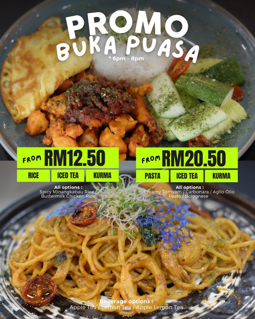 Grab our Buka Puasa Promo as low as RM12.50 onlyyy! Berbaloi sangat 🤗 btw bulan puasa ni kita buka dari 5pm - 2am setiap hari. Jom lepak sini 🥰

Overtime Cafe
Operation hour : 5pm - 12am, everyday (ramadhan month)