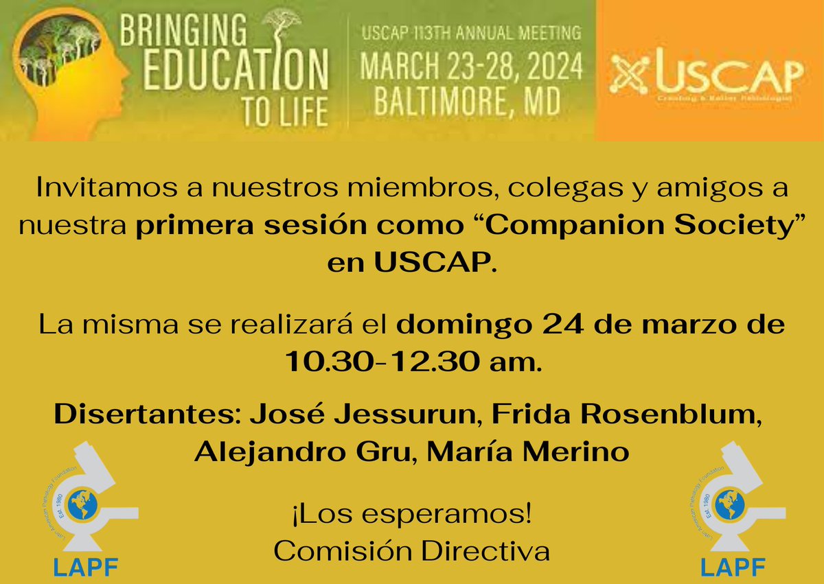 Falta poco, los esperamos en USCAP!
<a href="/Allende_DS/">Daniela Allende, MD MBA</a>
<a href="/Andres_Matoso/">Andres Matoso</a>
<a href="/CPHpath/">Carlos Parra-Herran MD</a>
<a href="/Andres_M_Acosta/">Andres Martin Acosta (Andy)</a>
<a href="/MarcosLepeMD/">Marcos Lepe, MD</a>
<a href="/DrMedeirosPath/">Fabiola Medeiros, MD</a>
<a href="/FridaRosenblum/">Frida Rosenblum</a>
<a href="/alegru18/">Alejandro Gru (Ale)</a>