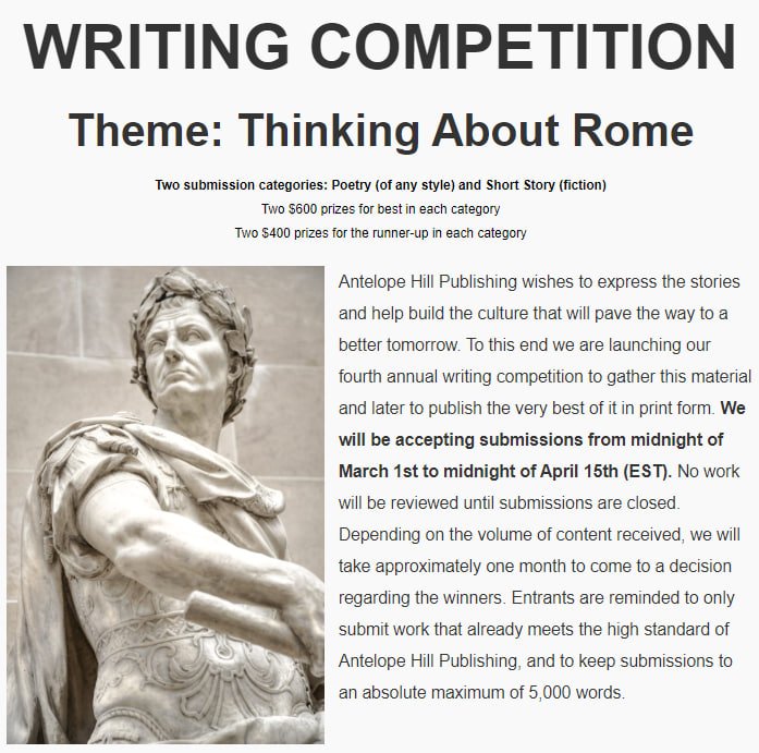 Reminder to SUBMIT to our writing competition! The submission portal will stay active until Midnight of April 15th (EST) Two $600 prizes for best in each category, and two $400 prizes for the runner-up in each category. antelopehillpublishing.com/competition/