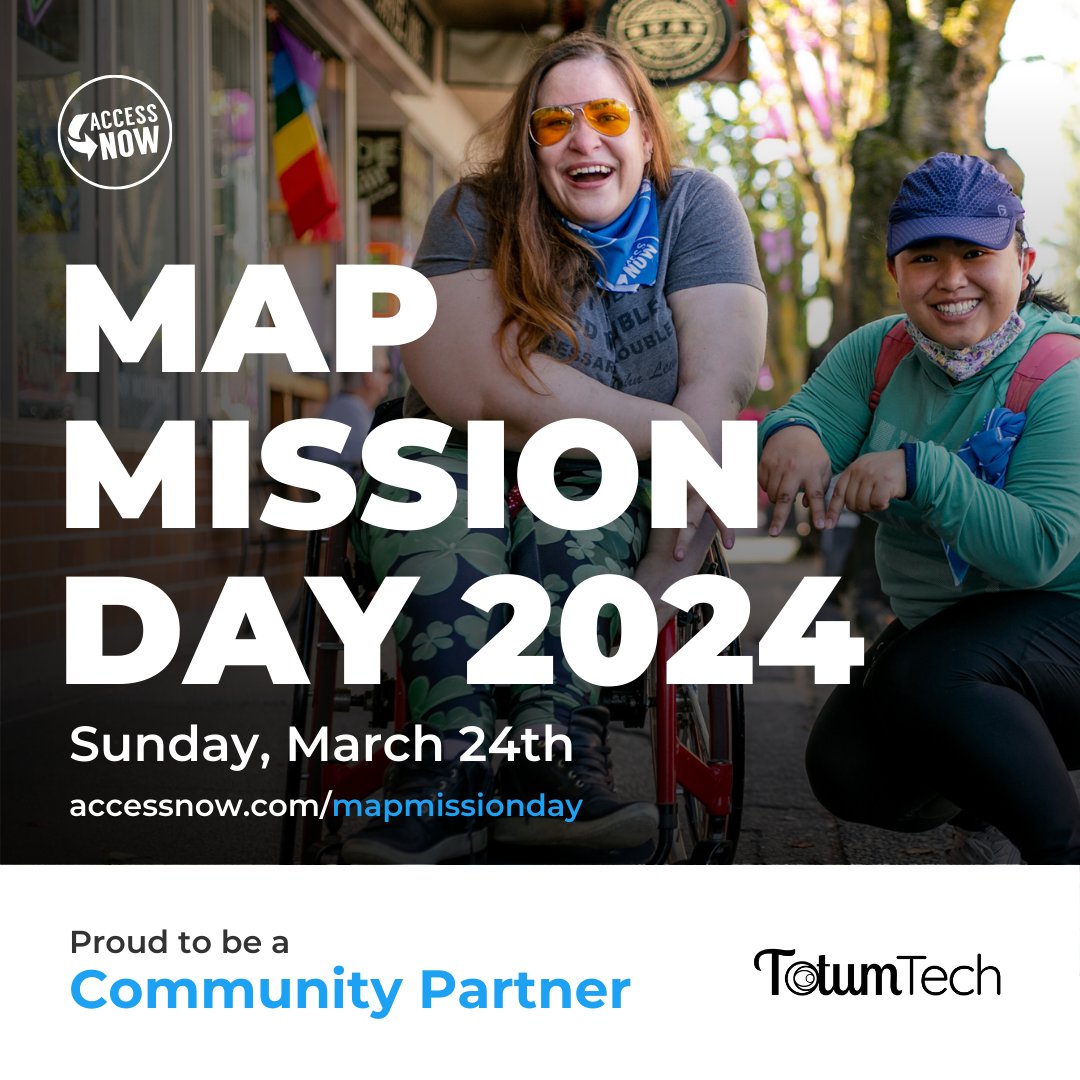 Totum Tech is proud to be a community partner of next @AccessNow #MapMissionDay! Register for free at eventbrite.com/e/mapmission-d… and map your city-accessible establishments. For more information visit accessnow.com/mapmissionday/