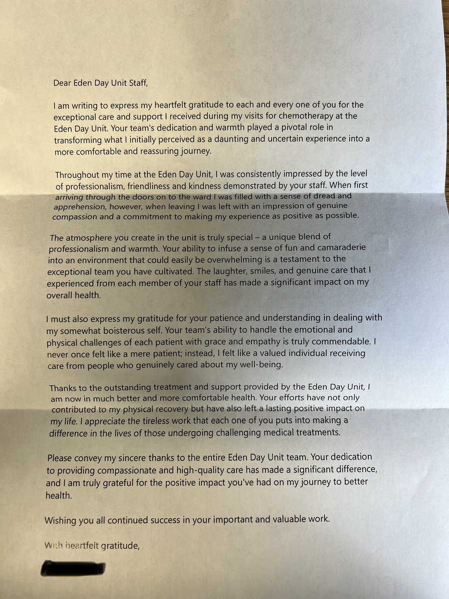Letter of Appreciation from one of our patient. Well done Eden Day Unit 👏🏻