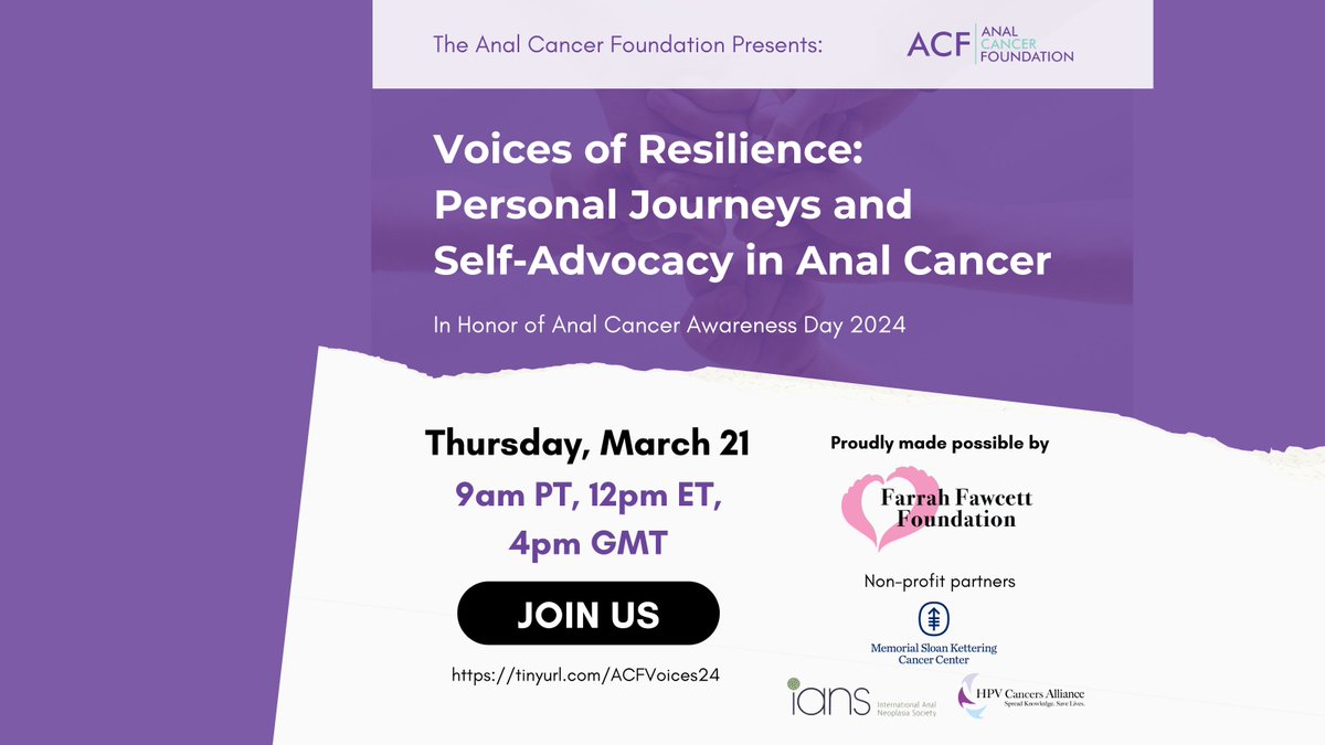 Join us on March 21, for our Voices of Resilience webinar on Anal Cancer Awareness Day 12pm EST // 5pm GMT March 21, 2024 @FarrahFawcettFN @MSKCancerCenter @hpvalliance @IANSociety Register: buff.ly/49KmoVW #analcancer #ancsm #analcancerawarenessday