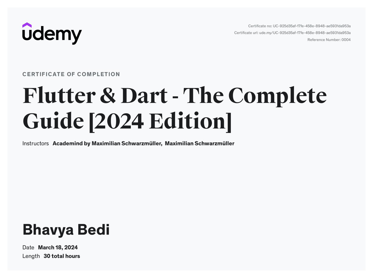 badummtshh's tweet image. I'm glad to share my course completion certificate for "Flutter &amp;amp; Dart - The Complete Guide [2024 Edition]" ude.my/UC-925d35af-17… via @udemy  by @maxedapps
#flutter #flutterdeveloper #onlinelearning