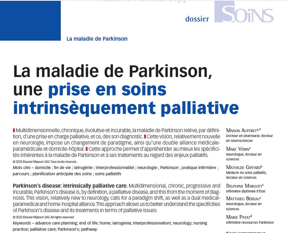📢 Nouvelle publication à retrouver dans la revue #Soins (<a href="/elseviermasson/">Elsevier Masson</a> ) : "La maladie de #Parkinson, une prise en soins intrinsèquement #palliative"➡️ em-consulte.com/article/165215…
CC <a href="/PTF_Findevie/">Plateforme Nationale Recherche Fin de vie</a> <a href="/FranceParkinson/">France_Parkinson</a> <a href="/asso_SFAP/">SFAP SoinsPalliatifs</a> <a href="/RennesUniv/">Université de Rennes</a> <a href="/CHURennes/">CHU de Rennes</a> <a href="/Neuropalcare/">International Neuropalliative Care Society</a>