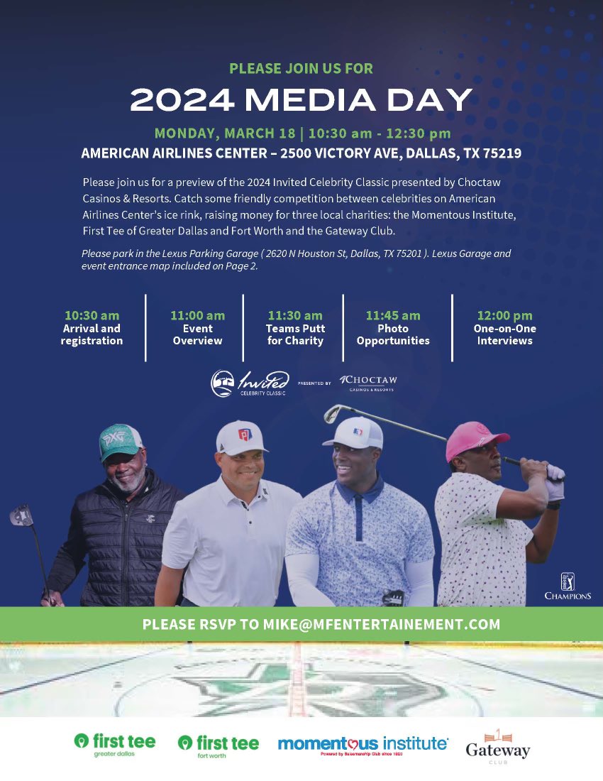 Today is #mediaday for the 2024 @invitedcc presented by @ChoctawCasinos at the #americanairlinescenter! We welcome all of the media as we have a great line up in @DeMarcusWare @Pudge_Rodriguez @81TimBrown and 2023 @ChampionsTour winner #MarkHensby! A @MikeFlaskeyEnt production!