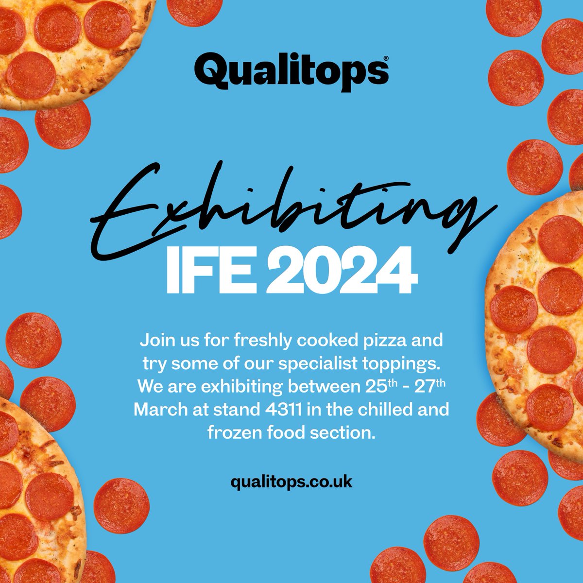 We will be at IFE 2024 on the 25th - 27th March!!🍕

Come along and enjoy some freshly cooked pizza and try some of our delicious toppings! We will be at stand 4311!⭐️

#qualitops #qualitytoppings #ife2024 #ukexhibitions
