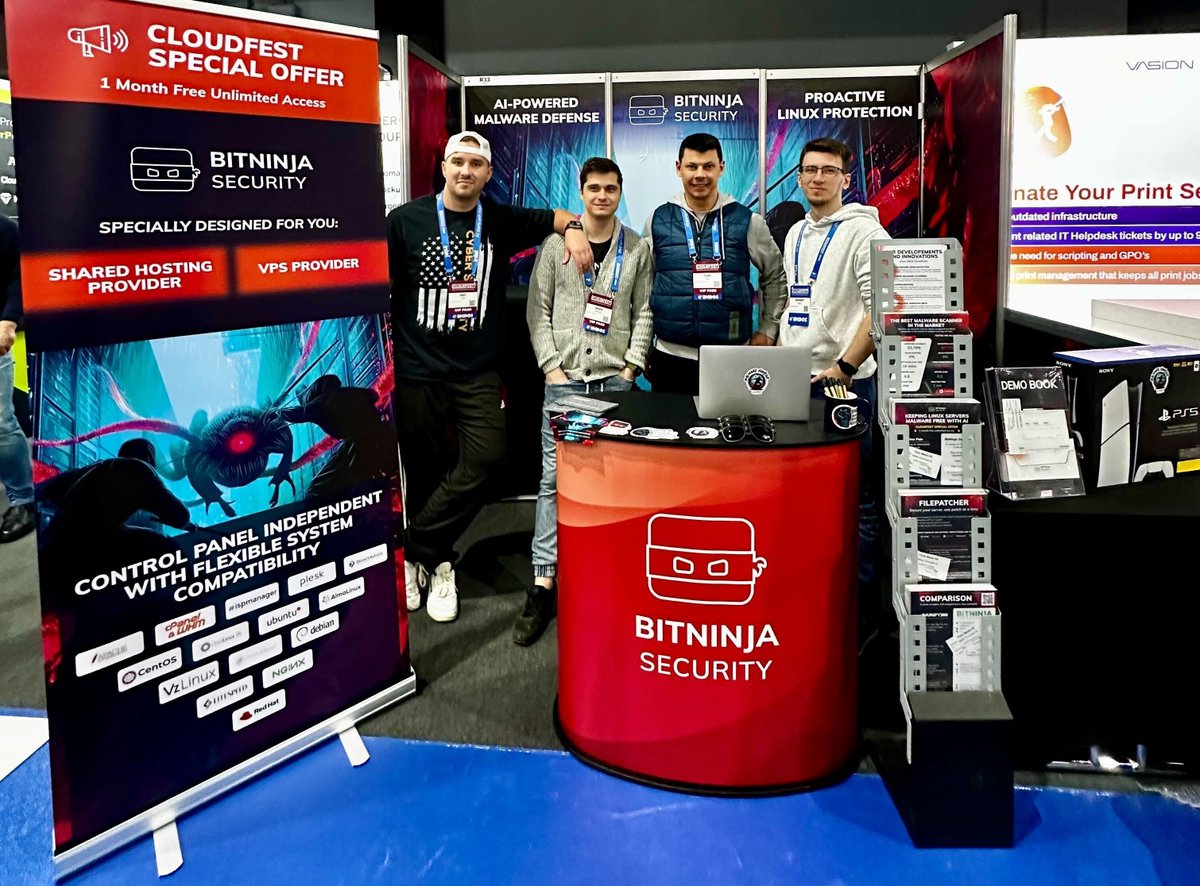 🚀✨ Team #BitNinja has landed at #CloudFest!🥷

We're all set up and can't wait to meet you. Drop by our booth for exclusive offers, the latest in #cybersecurity trends, and a cool giveaway. Check out our Ninjastic booth at R33! 🌟
 #SpecialOffer #GiveAway #Linux #MalwareScanner
