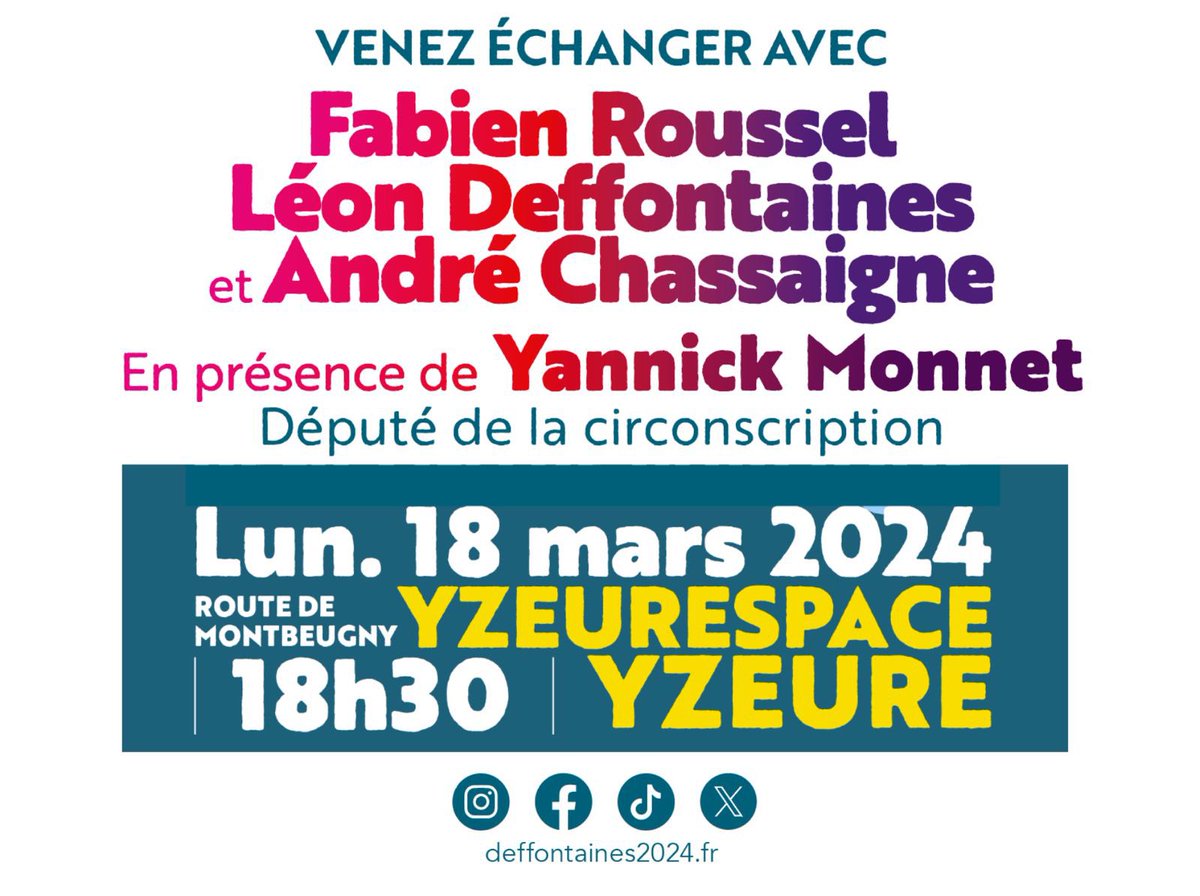 Rendez-vous ce soir à 18h30 à Yzeurespace, à Yzeure, avec @Fabien_Roussel, @L_Deffontaines et @AndreChassaigne