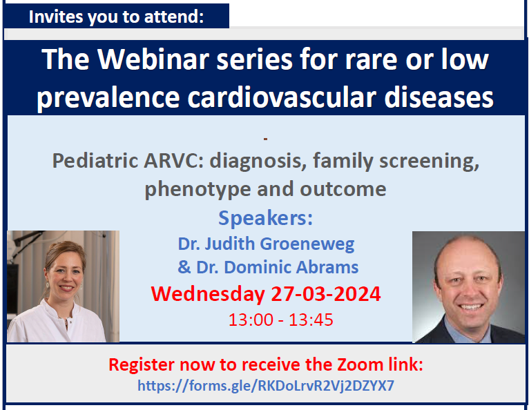 GuardHeart invites you to attend: Webinar series for rare or low prevalence cardiovasculair diseases --> Pediatric ARVC Register now to receice the zoom link: docs.google.com/forms/d/e/1FAI… #Webinar #erns #rarecardiacdisease #arvc