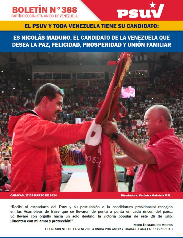 Boletín Informativo Nº388 | 

El PSUV y Toda Venezuela tiene su candidato: Nicolás Maduro goo.su/VnCtU2D 

#MáximaFelicidadSocial

<a href="/NicolasMaduro/">Nicolás Maduro</a> <a href="/dcabellor/">Diosdado Cabello R</a> <a href="/FidelVsquezPSUV/">FIDEL E. VASQUEZ I.</a>